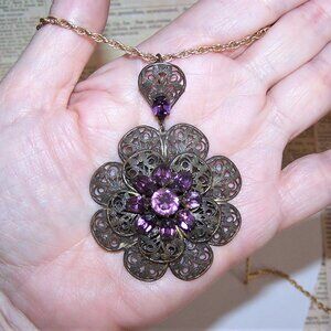 Art Deco Filigree Gilt Brass Purple Rhinestone Pendant | Large Floral Round